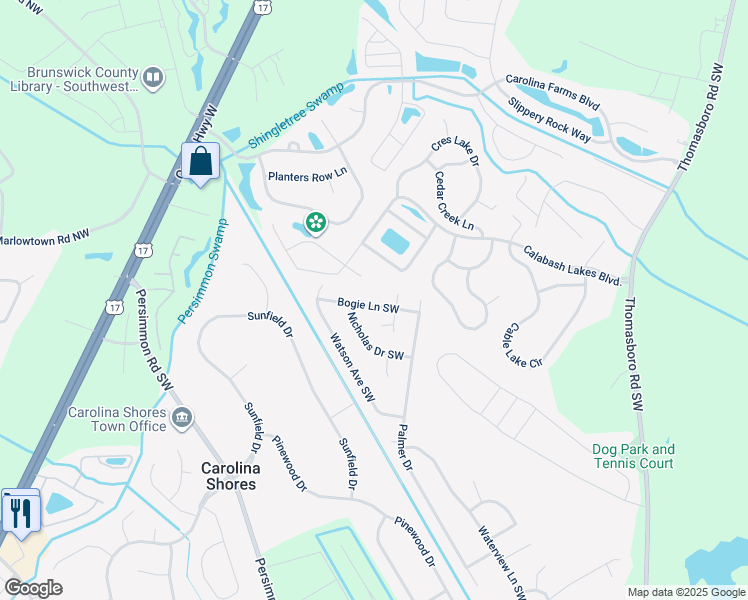 map of restaurants, bars, coffee shops, grocery stores, and more near 845 Bogie Lane Southwest in Calabash