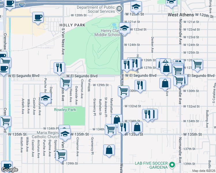 map of restaurants, bars, coffee shops, grocery stores, and more near 12912 Saint Andrews Place in Gardena