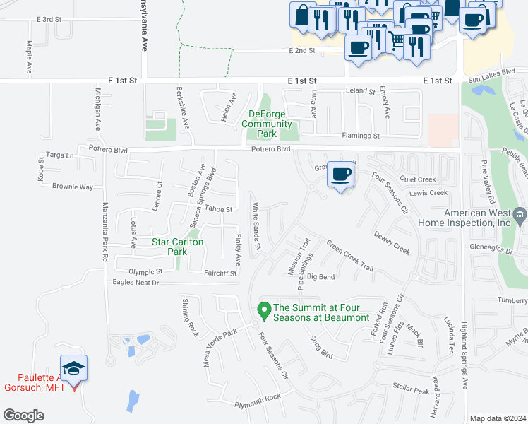 map of restaurants, bars, coffee shops, grocery stores, and more near 233 Box Springs Trail in Beaumont