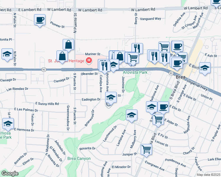 map of restaurants, bars, coffee shops, grocery stores, and more near 831 Carob Street in Brea