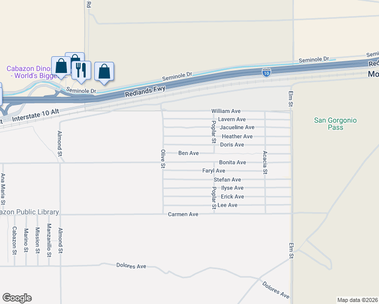 map of restaurants, bars, coffee shops, grocery stores, and more near 4709 West Hoffer Street in Banning