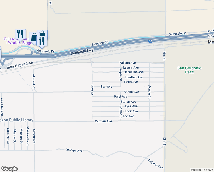 map of restaurants, bars, coffee shops, grocery stores, and more near Ben Avenue in Cabazon
