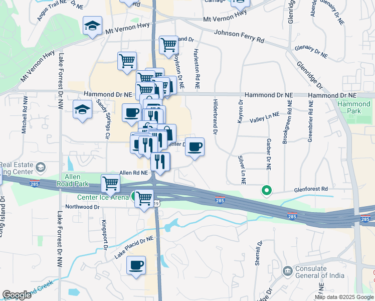 map of restaurants, bars, coffee shops, grocery stores, and more near 350 Carpenter Drive Northeast in Atlanta