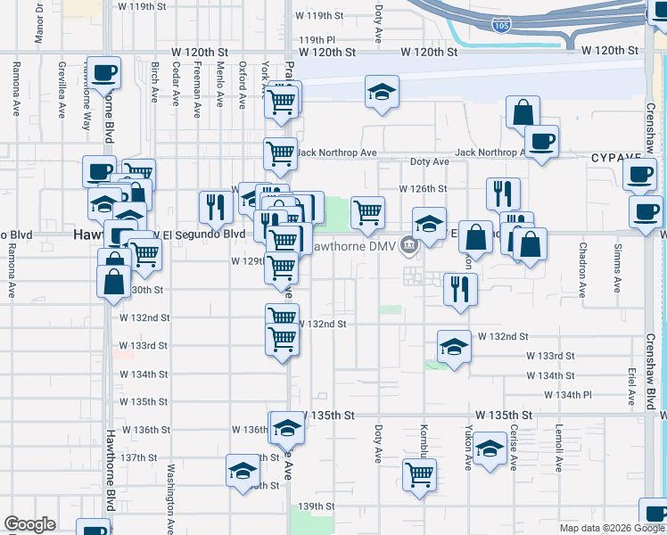 map of restaurants, bars, coffee shops, grocery stores, and more near 13769 Cordary Avenue in Hawthorne