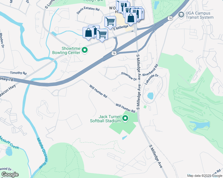 map of restaurants, bars, coffee shops, grocery stores, and more near 900 Venita Drive in Athens