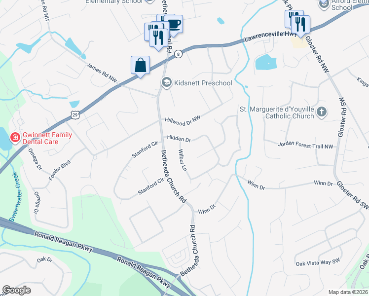 map of restaurants, bars, coffee shops, grocery stores, and more near 214 Wilbur Lane in Lawrenceville