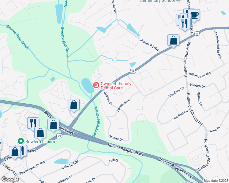 map of restaurants, bars, coffee shops, grocery stores, and more near 3473 Dianthus Lane Northwest in Lawrenceville