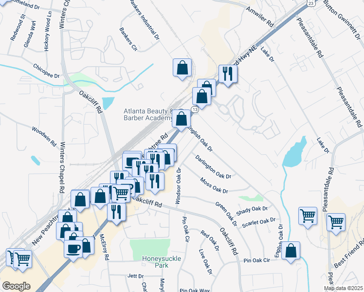 map of restaurants, bars, coffee shops, grocery stores, and more near 4260 English Oak Drive in Doraville