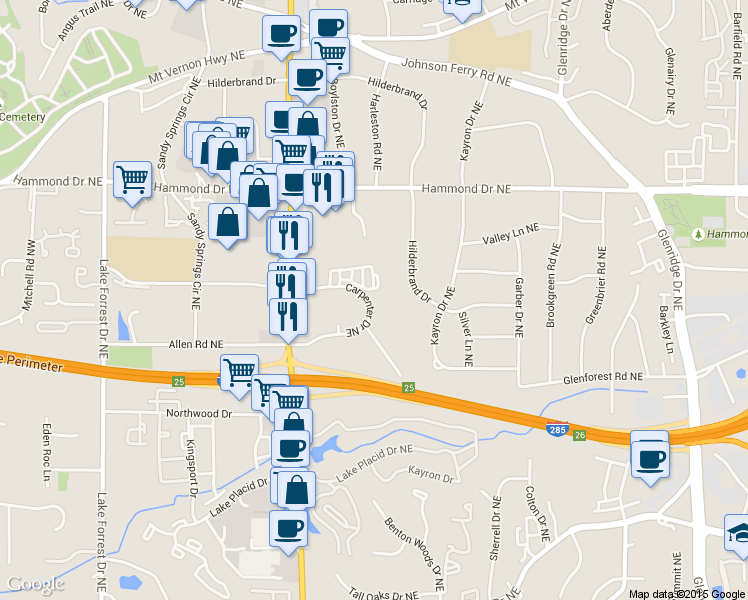 map of restaurants, bars, coffee shops, grocery stores, and more near 331 Carpenter Drive Northeast in Atlanta