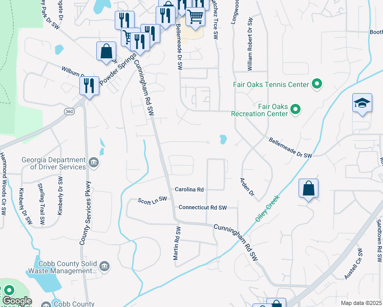 map of restaurants, bars, coffee shops, grocery stores, and more near 635 Crosswinds Circle in Marietta