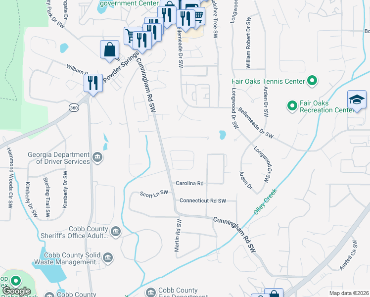 map of restaurants, bars, coffee shops, grocery stores, and more near 619 Crosswinds Circle in Marietta