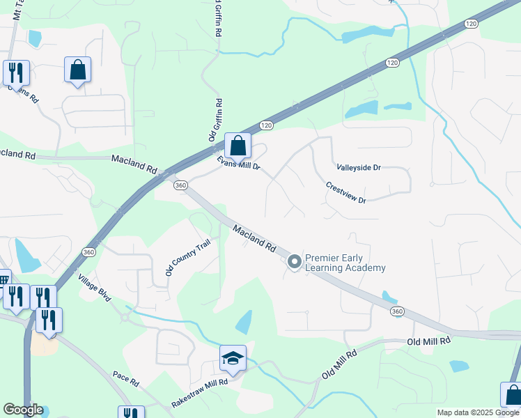 map of restaurants, bars, coffee shops, grocery stores, and more near 118 Valleyside Drive South in Dallas
