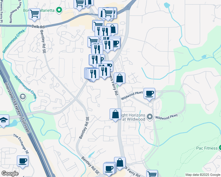 map of restaurants, bars, coffee shops, grocery stores, and more near 1524 Powers Ferry Road in Marietta