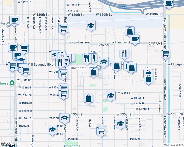 map of restaurants, bars, coffee shops, grocery stores, and more near 12914 Doty Avenue in Hawthorne