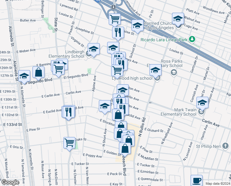 map of restaurants, bars, coffee shops, grocery stores, and more near 3333 Carlin Avenue in Lynwood
