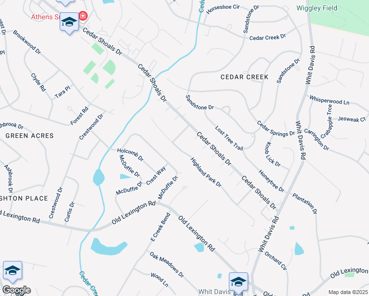 map of restaurants, bars, coffee shops, grocery stores, and more near 172 Highland Park Drive in Athens