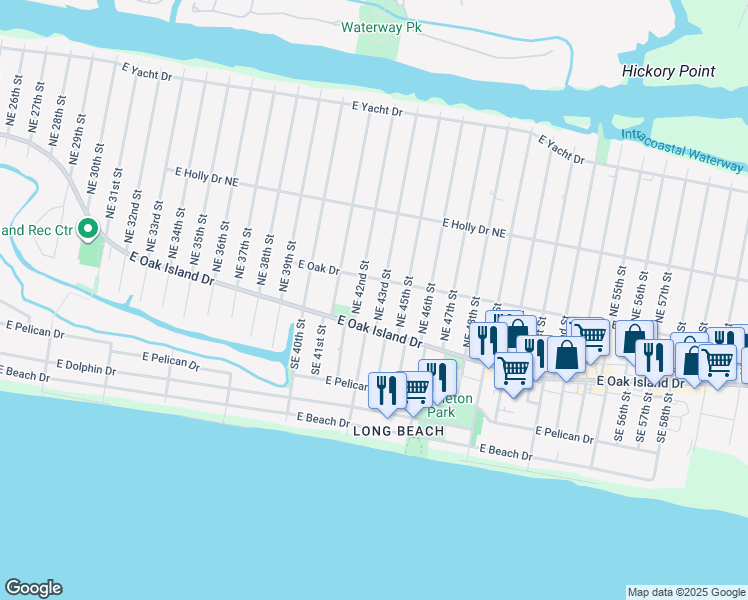 map of restaurants, bars, coffee shops, grocery stores, and more near 107 Northeast 43rd Street in Oak Island