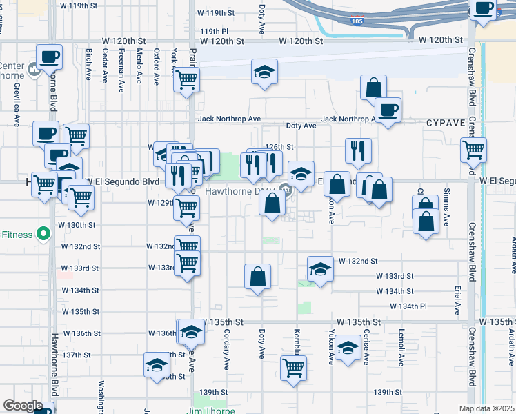map of restaurants, bars, coffee shops, grocery stores, and more near 12915 Doty Avenue in Hawthorne