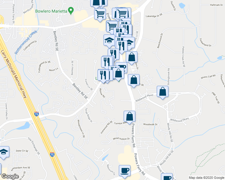 map of restaurants, bars, coffee shops, grocery stores, and more near 616 Wynnes Ridge Circle Southeast in Marietta