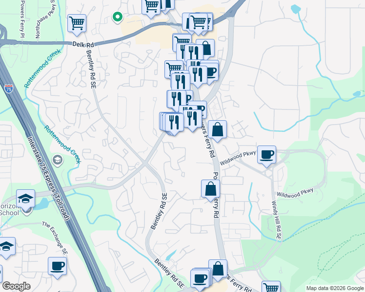 map of restaurants, bars, coffee shops, grocery stores, and more near 610 Wynnes Ridge Circle in Marietta