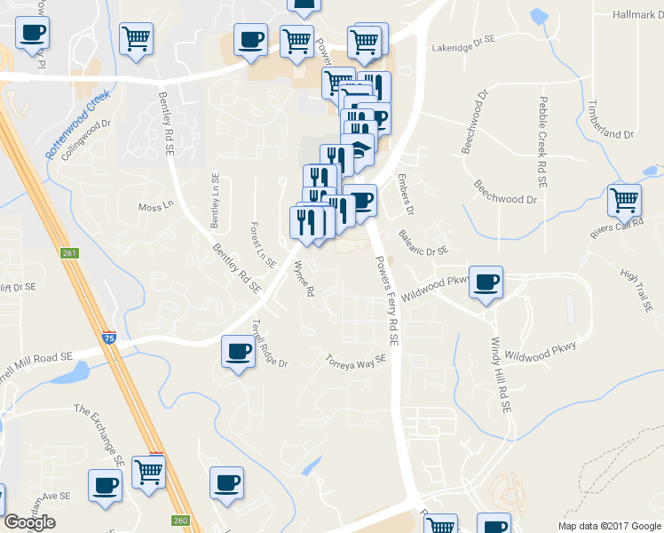 map of restaurants, bars, coffee shops, grocery stores, and more near 602 Wynnes Ridge Circle in Marietta
