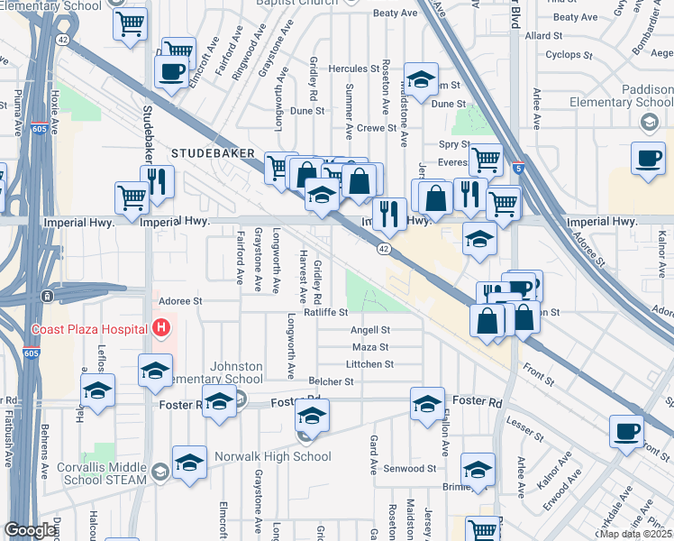 map of restaurants, bars, coffee shops, grocery stores, and more near 12714 Orr and Day Road in Norwalk