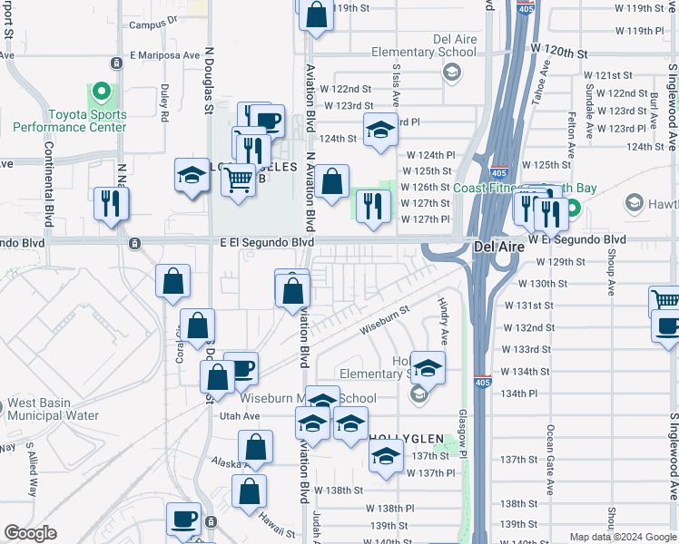 map of restaurants, bars, coffee shops, grocery stores, and more near 5540 Strand in Hawthorne