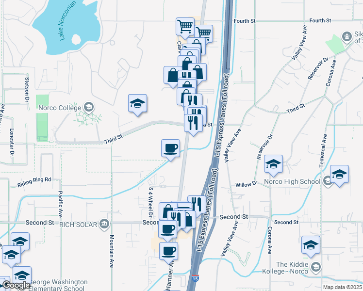 map of restaurants, bars, coffee shops, grocery stores, and more near 2300 Hamner Avenue in Norco