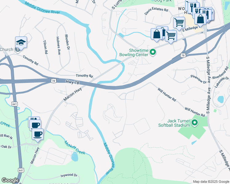 map of restaurants, bars, coffee shops, grocery stores, and more near 178 Dan's Way in Athens