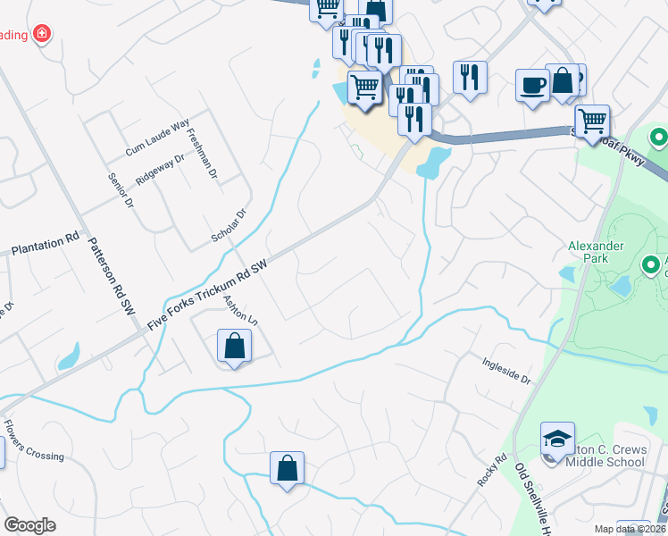map of restaurants, bars, coffee shops, grocery stores, and more near 1582 Silva Fox Court Southwest in Lawrenceville