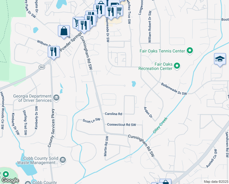 map of restaurants, bars, coffee shops, grocery stores, and more near 635 Crosswinds Circle in Marietta