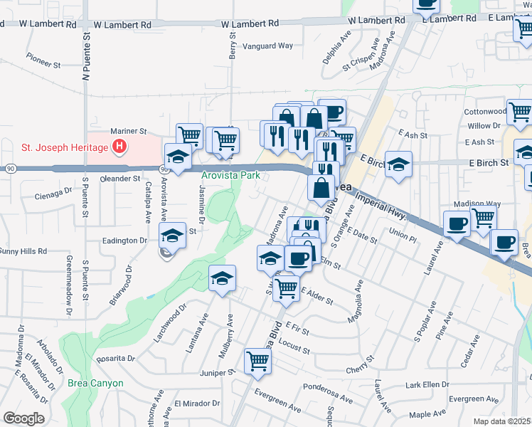 map of restaurants, bars, coffee shops, grocery stores, and more near 420 Sievers Avenue in Brea