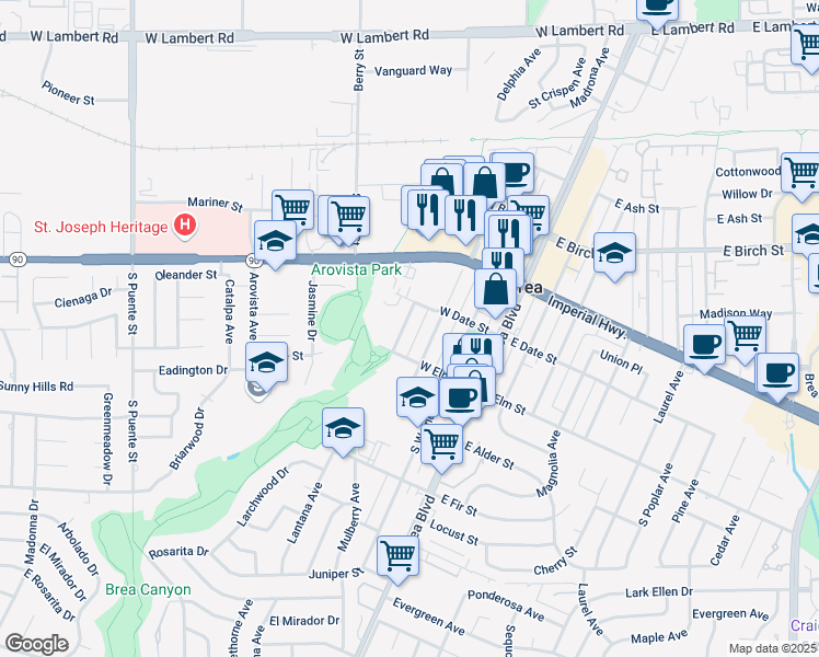 map of restaurants, bars, coffee shops, grocery stores, and more near 420 Sievers Avenue in Brea