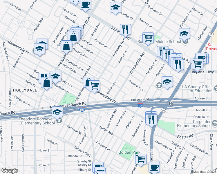 map of restaurants, bars, coffee shops, grocery stores, and more near 8353 Cheyenne Street in Downey