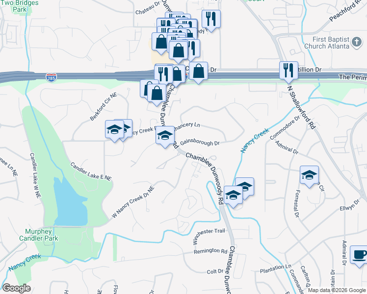map of restaurants, bars, coffee shops, grocery stores, and more near 1841 Gainsborough Drive in Atlanta