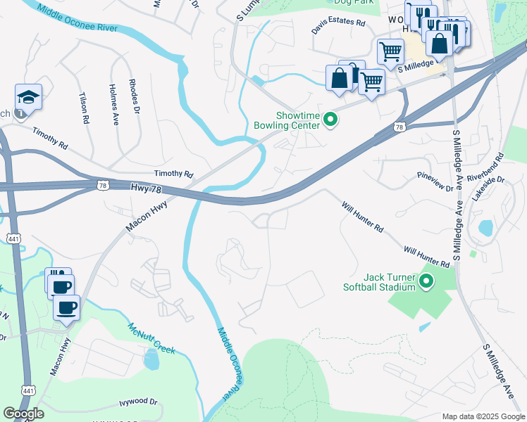 map of restaurants, bars, coffee shops, grocery stores, and more near 110 Betsy Lane in Athens