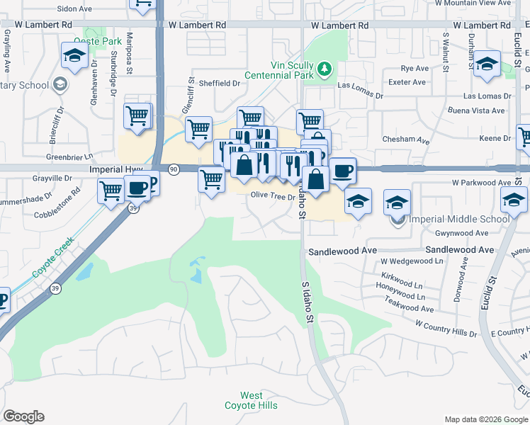 map of restaurants, bars, coffee shops, grocery stores, and more near 1250 Maple Tree Court in La Habra