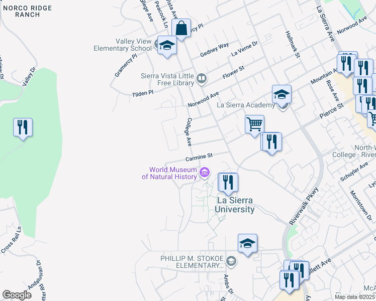 map of restaurants, bars, coffee shops, grocery stores, and more near 4970 College Avenue in Riverside
