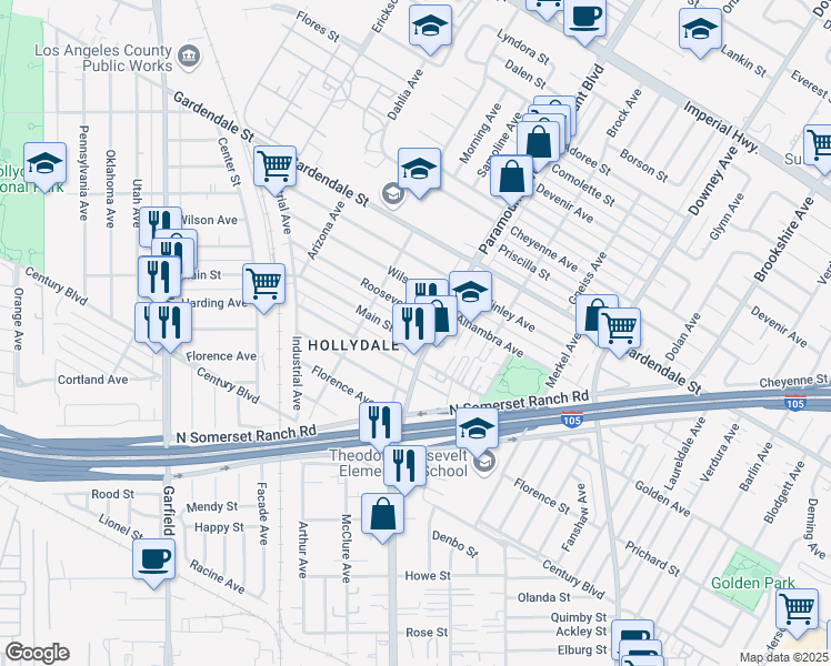 map of restaurants, bars, coffee shops, grocery stores, and more near 6159 Main Street in South Gate