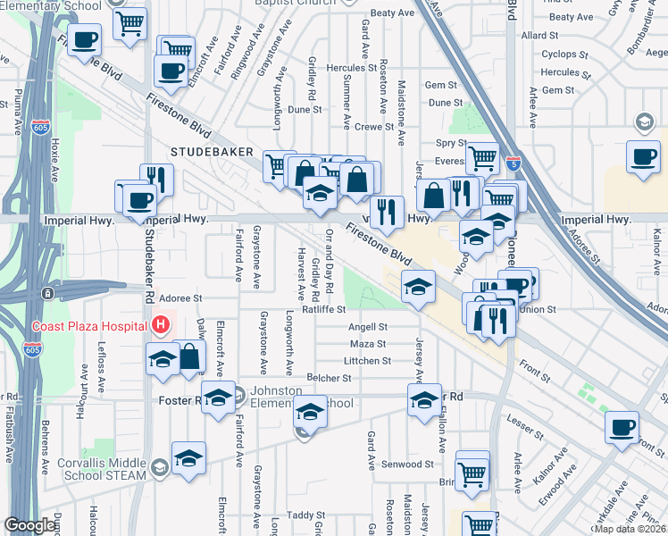 map of restaurants, bars, coffee shops, grocery stores, and more near 12714 Orr and Day Road in Norwalk