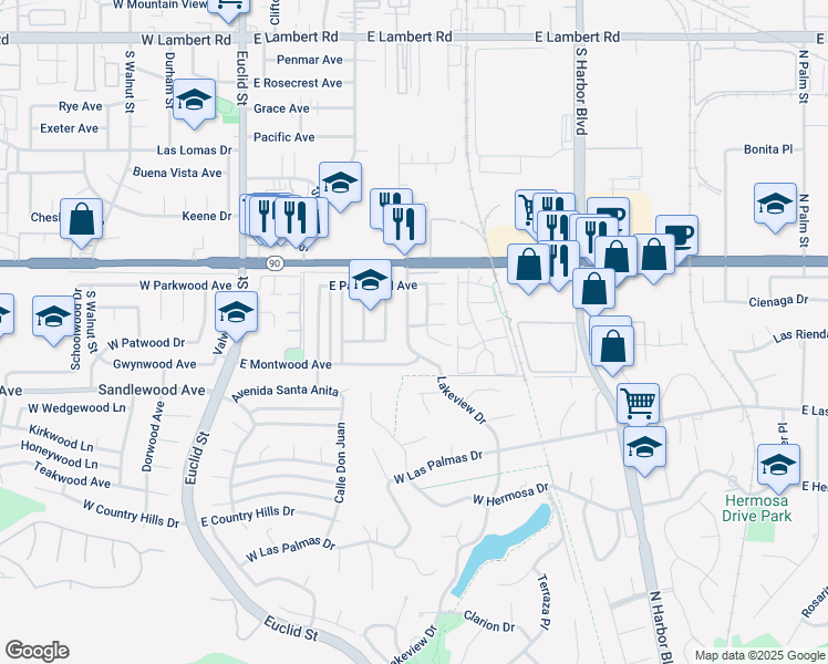 map of restaurants, bars, coffee shops, grocery stores, and more near 1320 Lakeview Avenue in La Habra