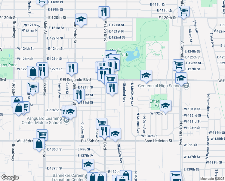 map of restaurants, bars, coffee shops, grocery stores, and more near 624 East El Segundo Boulevard in Los Angeles