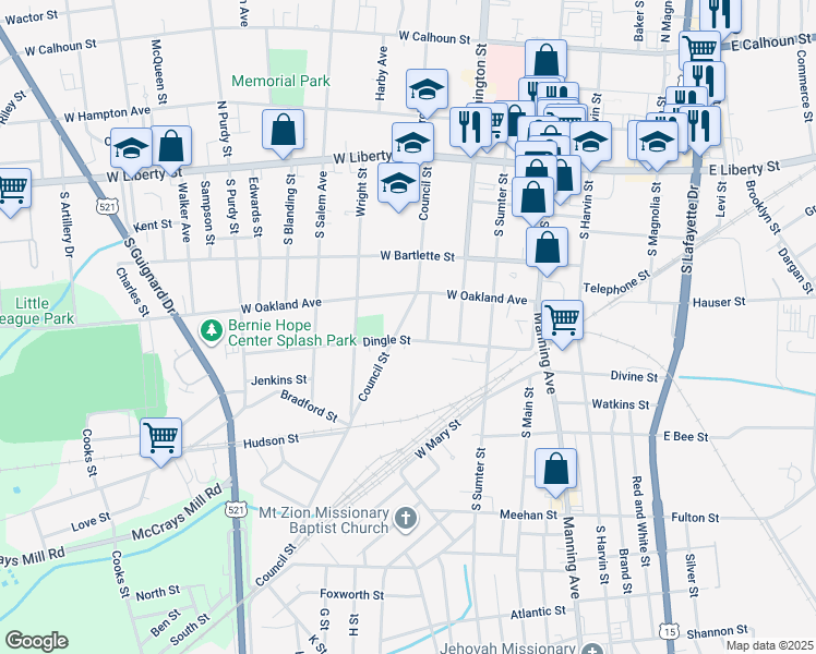 map of restaurants, bars, coffee shops, grocery stores, and more near 209 Council Street in Sumter