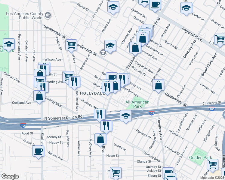 map of restaurants, bars, coffee shops, grocery stores, and more near 13223 Paramount Boulevard in South Gate