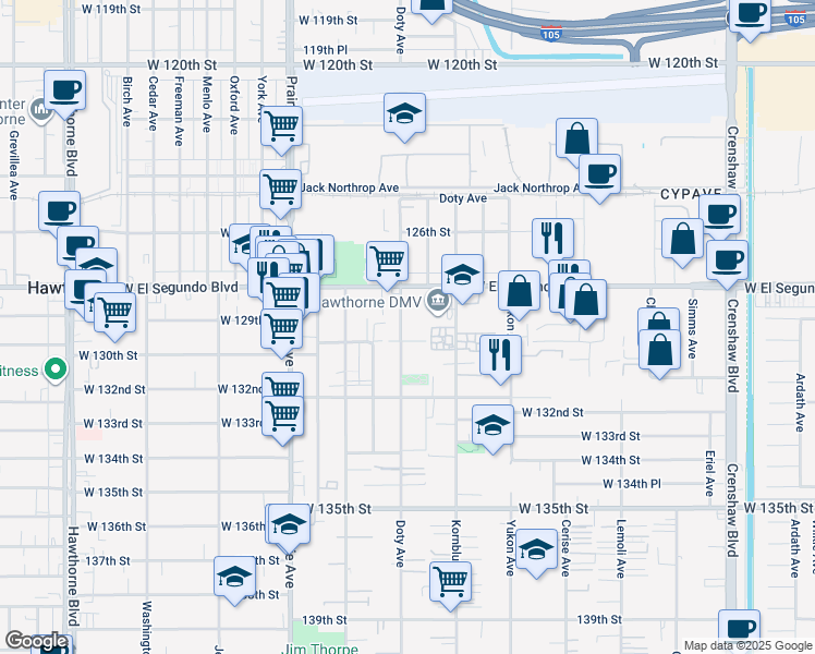 map of restaurants, bars, coffee shops, grocery stores, and more near 12914 Doty Avenue in Hawthorne