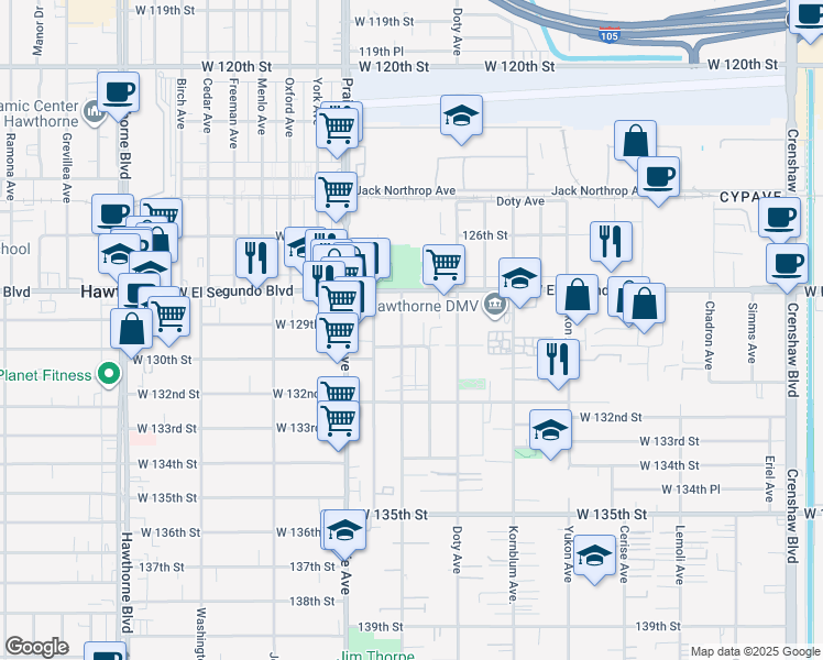 map of restaurants, bars, coffee shops, grocery stores, and more near 3841 West 130th Street in Hawthorne