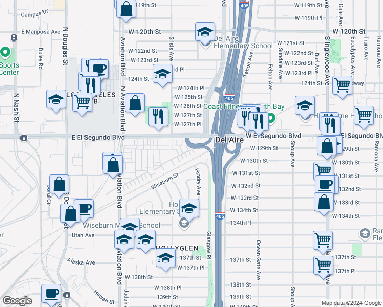 map of restaurants, bars, coffee shops, grocery stores, and more near 5225 Pacific Terrace in Hawthorne