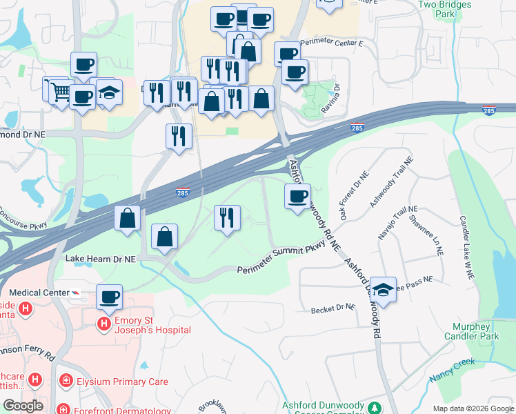 map of restaurants, bars, coffee shops, grocery stores, and more near 1001 Perimeter Summit Parkway in Atlanta