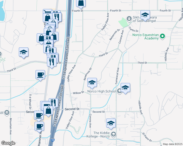 map of restaurants, bars, coffee shops, grocery stores, and more near 2309 Reservoir Drive in Norco