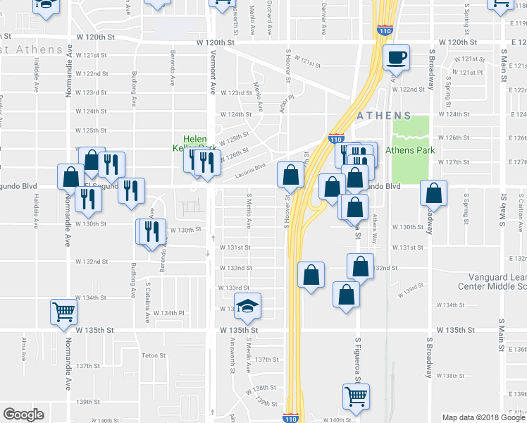 map of restaurants, bars, coffee shops, grocery stores, and more near 742 West 129th Street in Gardena